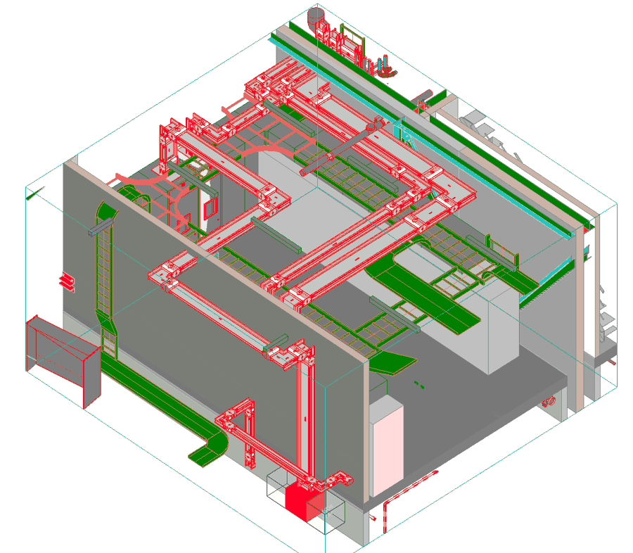 Revit-model van een ruimte met een railkokersysteem bij de hoofdverdeler, kabelgoten en andere installaties