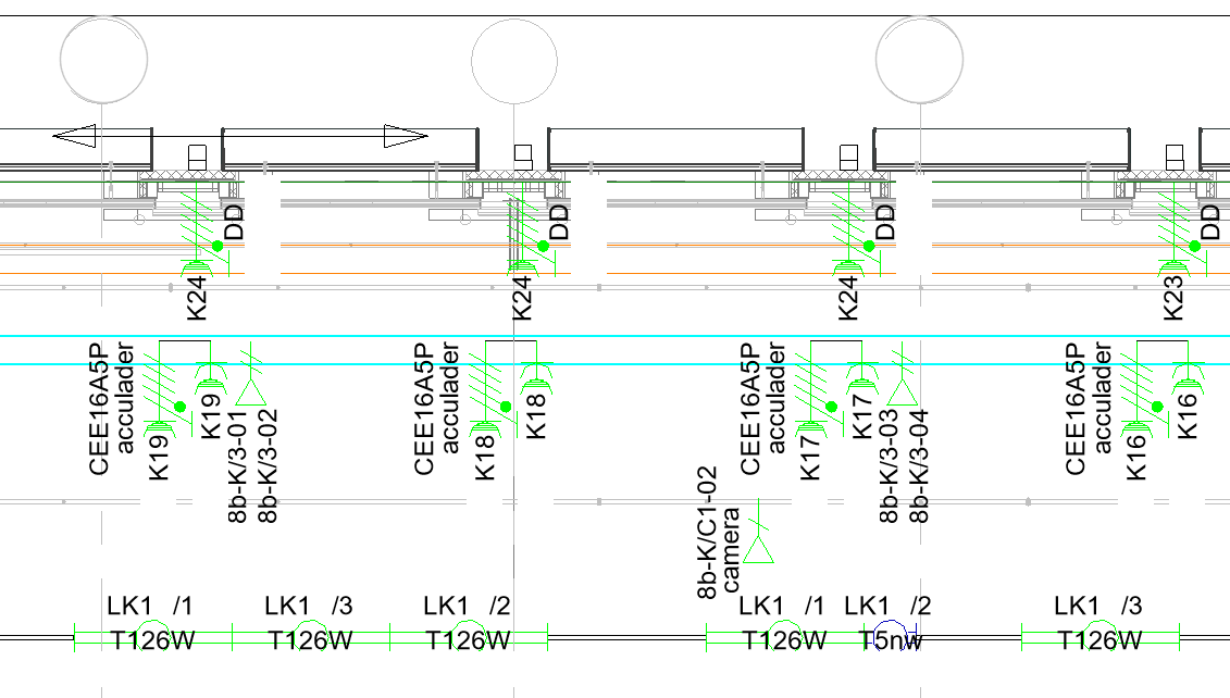Uitsnede van een elektrotechnische plattegrond met gecodeerde aansluitingen en groepen