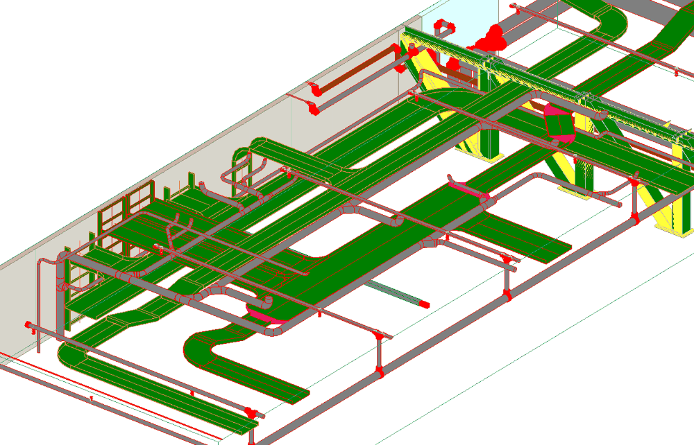 Revit-model met kabelgoten, leidingwerk en staalconstructie in een gebouw, zonder clashes