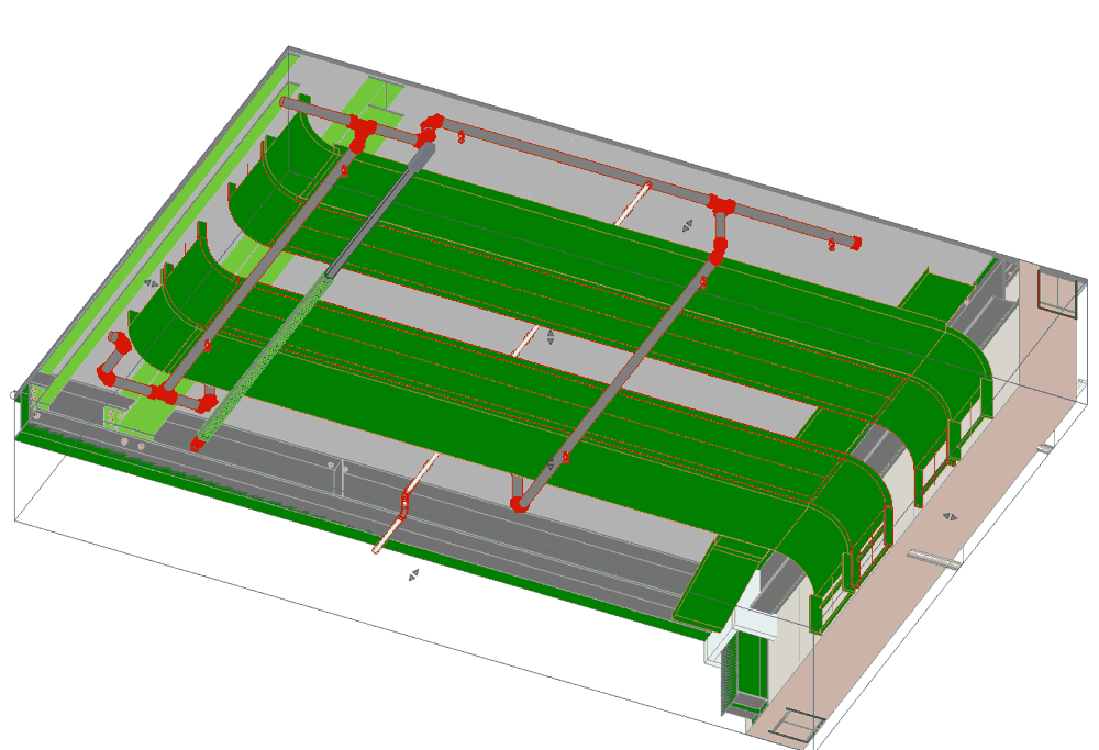 Revit-model van een plafondruimte met kabelgoten, sprinklerleidingen en staalconstructie